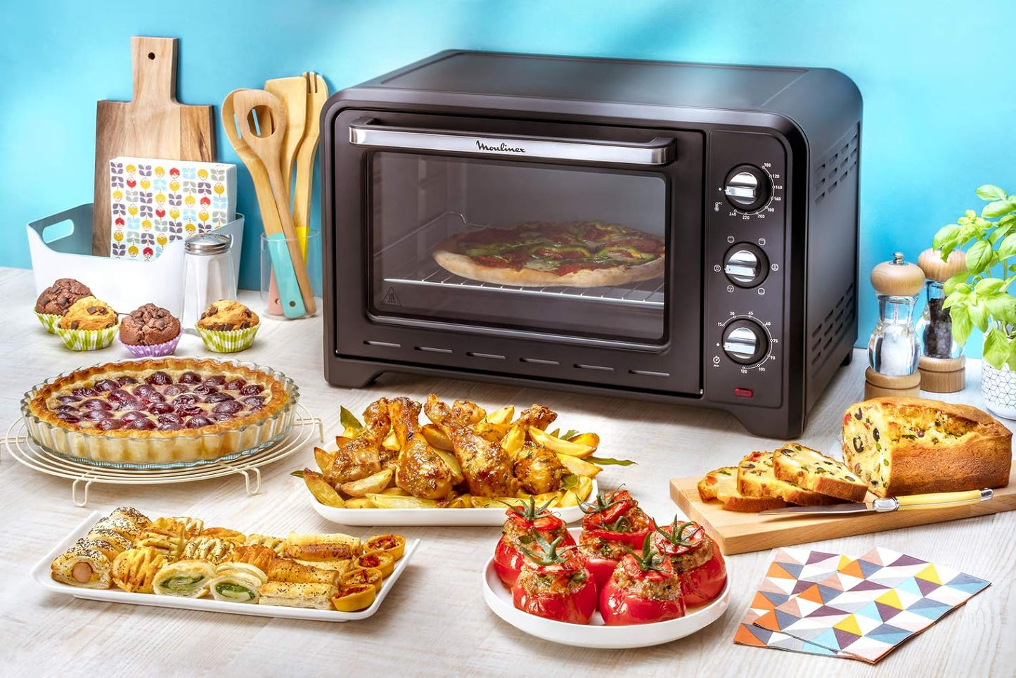 Four Électrique À Chaleur Tournante 60 L, 7 Modes De Cuisson, Tournebroche, Thermostat Réglable Jusqu’À 240 °C, Timer 120 Minutes, 2 Grilles Réversibles, Optimo, Noir OX495810