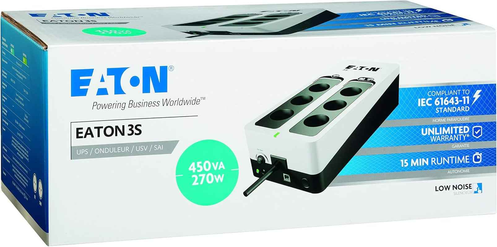 3S 450 FR Onduleur Parafoudre - Off-Line UPS - Alimentation Sans Interruption - Puissance 450VA (6 Prises FR, Parasurtenseur, Silencieux) - Noir&Blanc (3S450F)