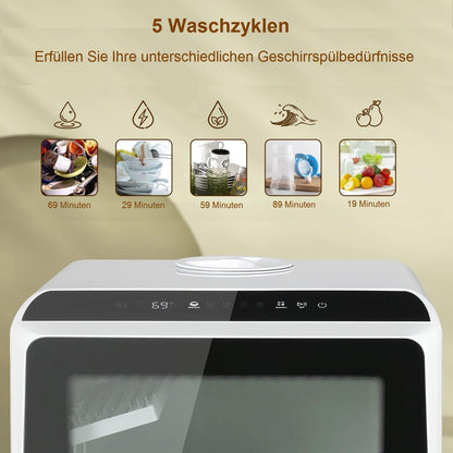 Mini Lave-Vaisselle De Table, Petit Lave-Vaisselle Portable Avec 6 Programmes, Réservoir D'Eau 5L, Commande Tactile, Écran LED, Pour Appartements Dortoirs Camping