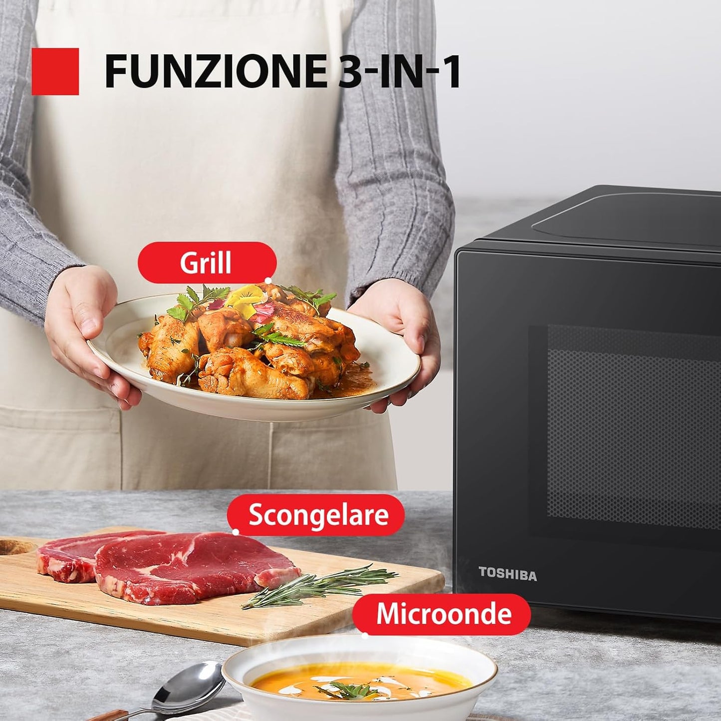 MW2-MG20P(BK) 3-En-1 Four Micro-Ondes Grill Combiné, 20 L, 5 Niveaux De Puissance Réglables, Minuteur, 800 W, Grill 1000 W, Noir