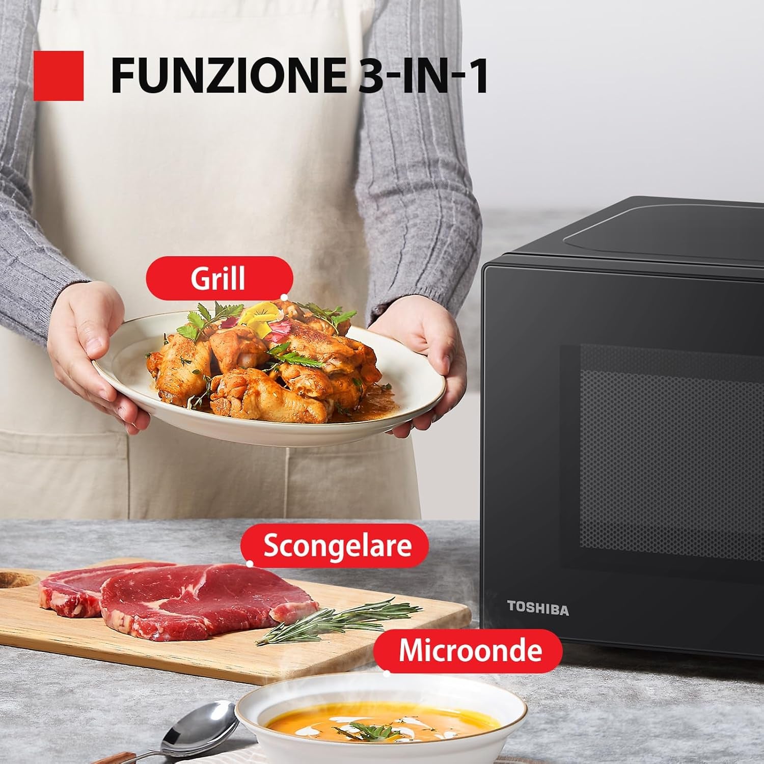 MW2-MG20P(BK) 3-En-1 Four Micro-Ondes Grill Combiné, 20 L, 5 Niveaux De Puissance Réglables, Minuteur, 800 W, Grill 1000 W, Noir