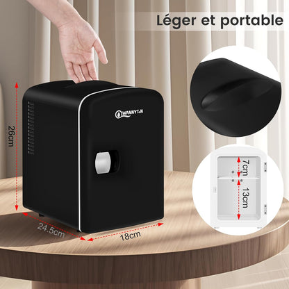 Mini Frigo Portable 4L, Mini Réfrigérateur Cosmétique, Mini Glacière Électrique, Fonction Froid/Chaud, Avec Câble AC 220V/ DC 12V Pour Voiture, Bureau, Chambre (Noir)