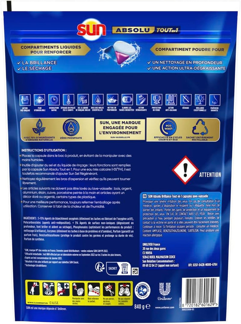 Pastilles Lave-Vaisselle Absolu Tout-En-1 Brillance - 56 Capsules - Tablettes Imbattables Sur Les Taches Tenaces - 4X plus De Brillance