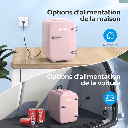 OSTBA APPLIANCE Mini Frigo Portable, 4 Litres /6 Boîtes Boissons & Soin De La Peau Mini Petit Frigo Pour Chambre, Voiture, Bureau, Deux Vitesses - Refroidisseur Et Réchauffeur (Rose)
