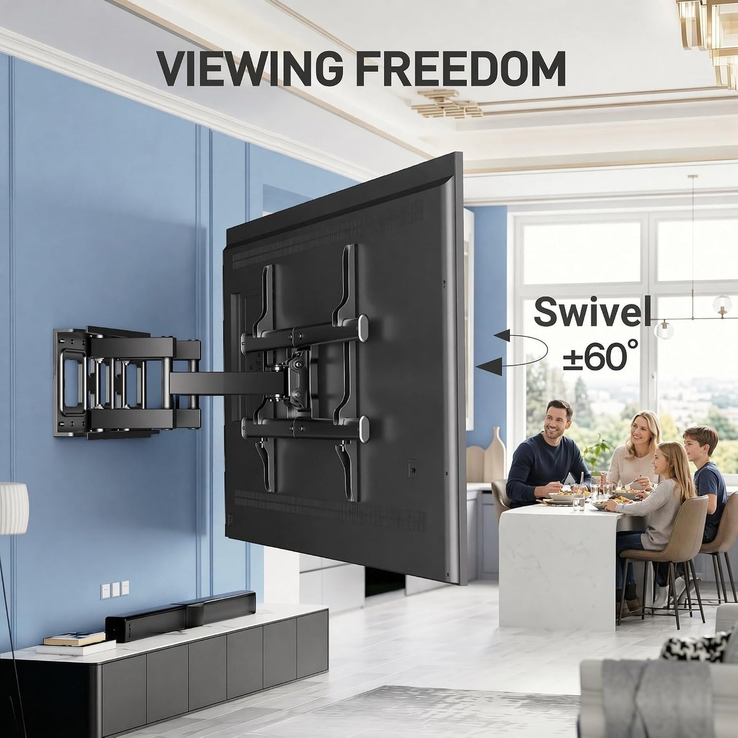 Support Mural TV, Pour 37-85 Pouces (94-216Cm) Tvs Jusqu'À 60Kg | Double Bras Robuste, Fixation TV Mural Orientable Et Inclinable 55 65 Pouces, Max VESA 600X400Mm