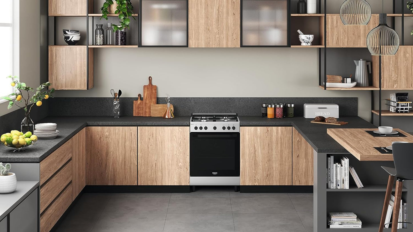 Hot Point Cuisine À Gaz Avec Four Électrique 60 X 60 X 84 Cm Inox À Installation Libre Avec 4 Feux, Four Ventilé Et Cuisson À La Vapeur Classe A