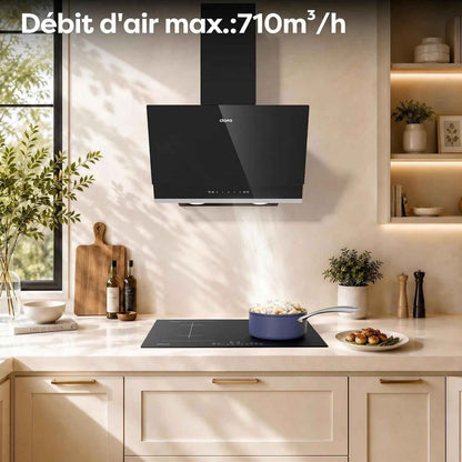 CBCB6736A Hotte Aspirante Inclinée 60 Cm A+++ 710 M³/H Gestuelle | Commande Tactile, 61 Db, Évacuation/Recyclage, Filtre Charbon CBCF003 Inclus, LED 2 Intensités, Verre Noir Facile À Nettoyer