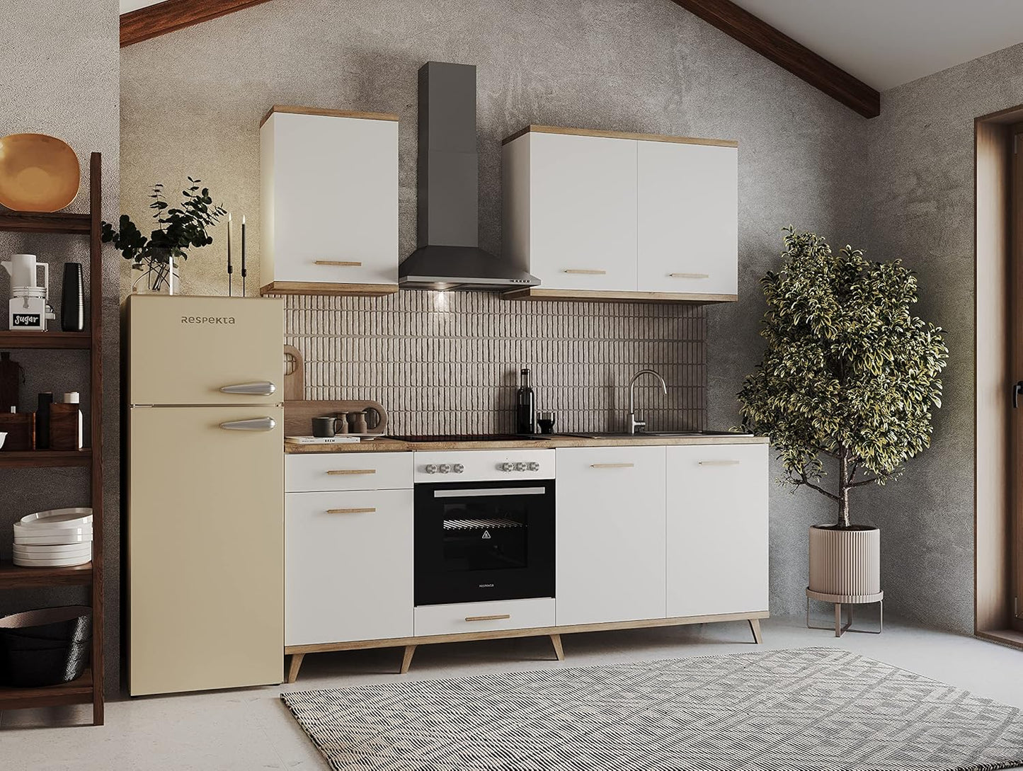 Respekta Réfrigérateur Rétro Avec Congélateur Haut / 145 X 54 Cm / 213 L / Pieds Réglables En Hauteur / Mode Hiver / Fonction Congélation Rapide / KS144VC / En Creme