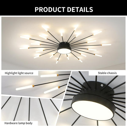 Plafonnier LED Moderne 20 + 1 Têtes Lustres Noirs Semi-Affleurants Éclairage De Plafond Pour Chambre Salon Cuisine Salle À Manger Restaurant