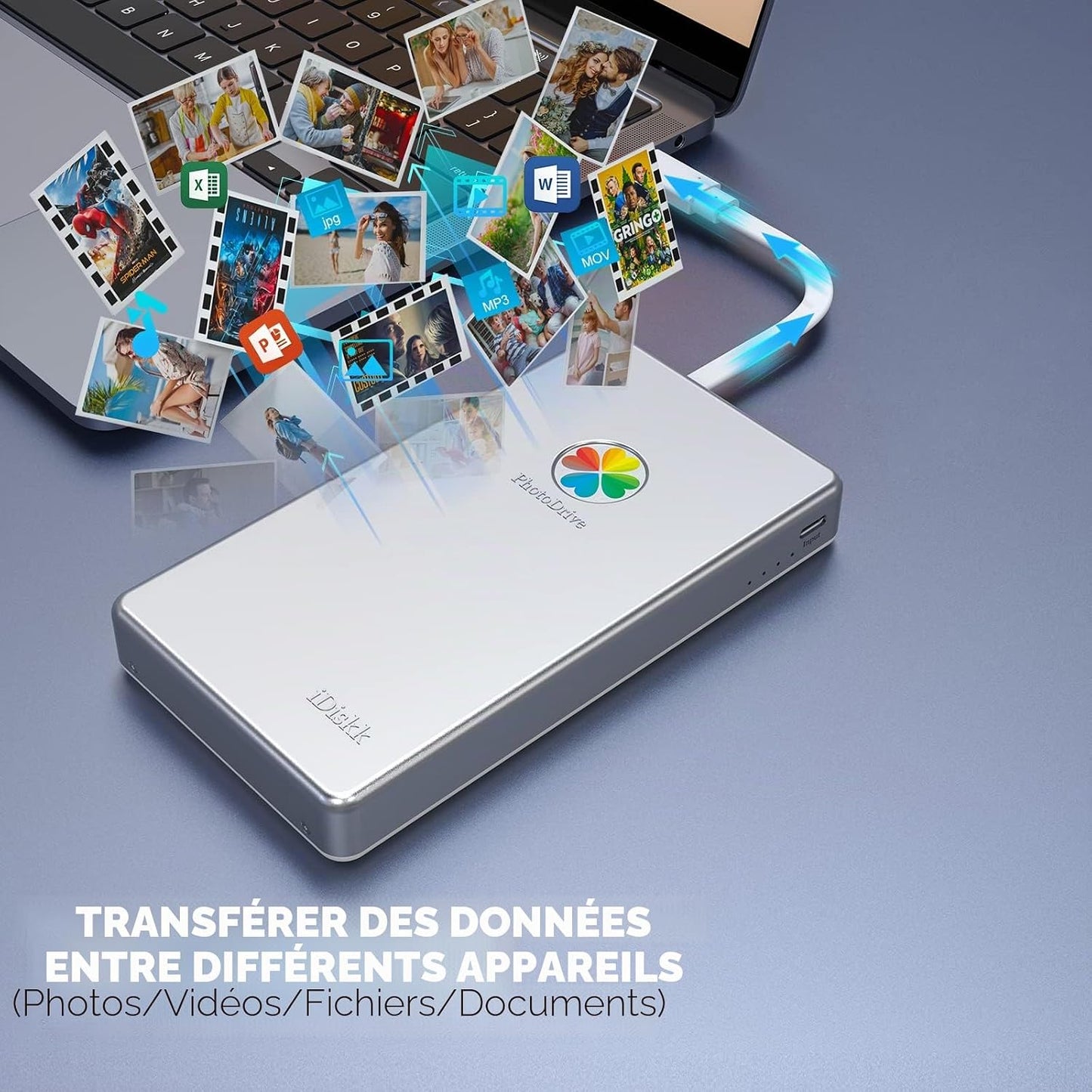 Disque Dur Externe Lightning 3 En 1 Certifié Mfi 2 to Pour Iphone Avec 3 Câbles Intégrés, Disque Dur Portable USB-C Pour Les Derniers Iphone/Ipad/Mac/Pc Et Téléphones Mobiles USB-C