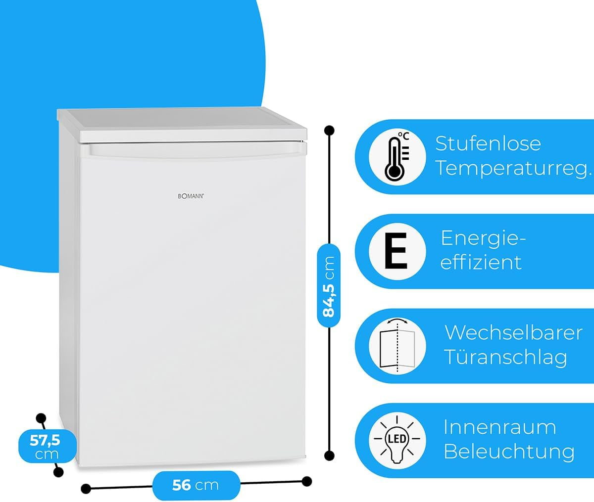 Bomann Réfrigérateur Avec Petit Congélateur 120L Blanc Ks2184-1-Blanc, Capacité Utile : 120 Litres, Réglage De La Température En Continu, Charnière De Porte À Droite, Interchangeable, Pieds Réglables
