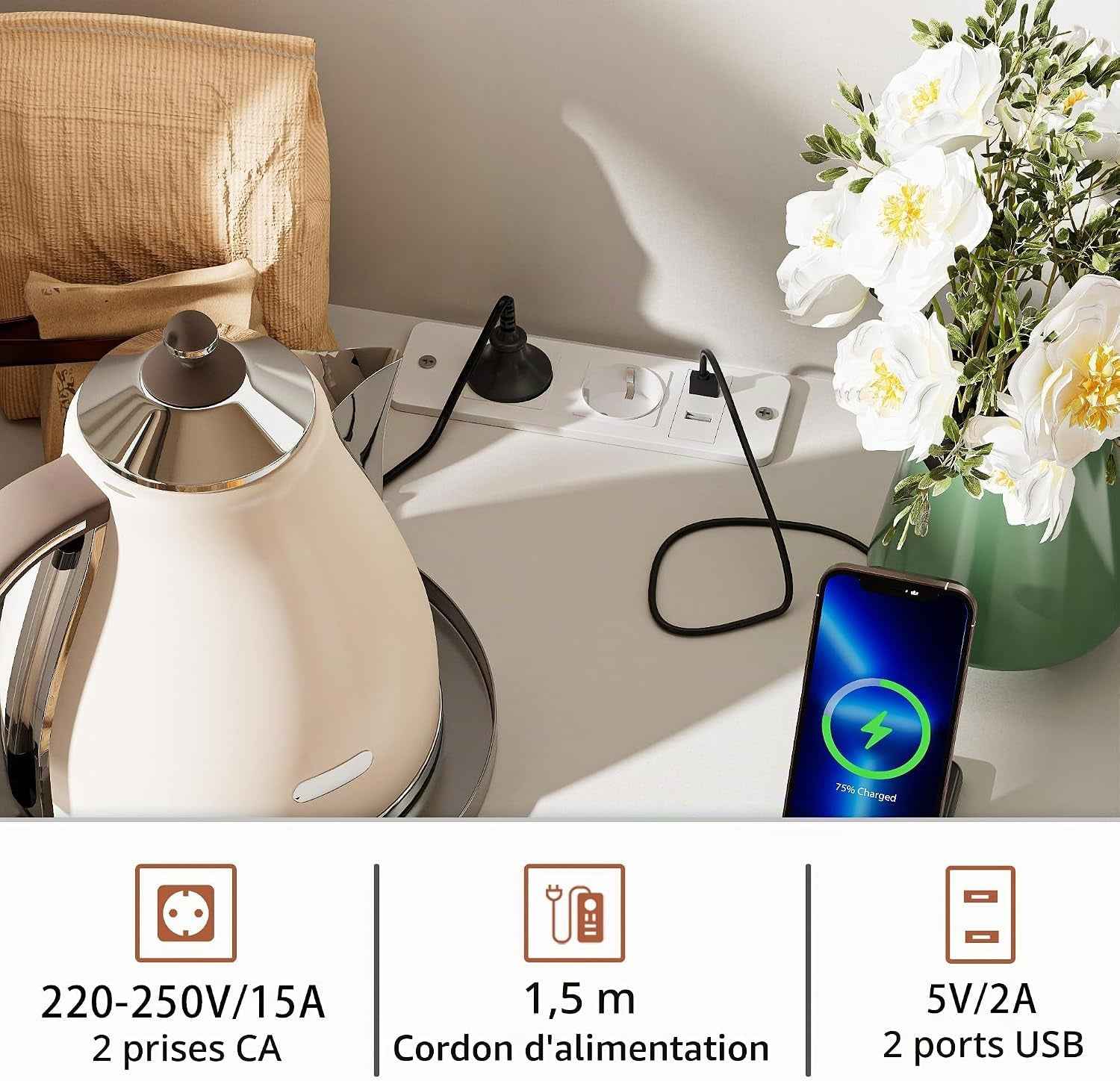 Meuble Micro-Ondes Buffet Avec Prise Armoire De Cuisine Avec 1 Tiroir 1 Grand Casier Et Bandeau Lumineux LED Meuble Buffet 60X40X123Cm Pour Salle À Manger, Cuisine, Salon Blanc
