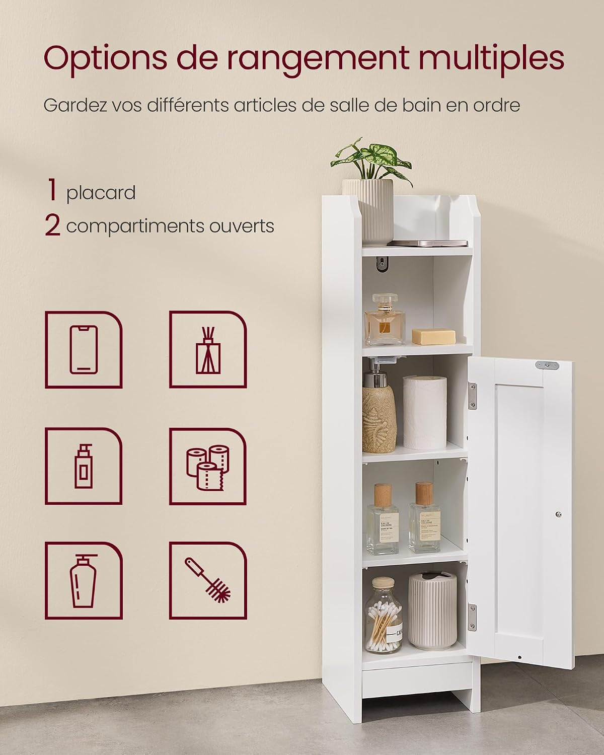 Meuble De Salle De Bain, Armoire D’Angle Avec Porte Et Étagères, Organisateur De Rangement, Meuble Étroit Pour Papier Toilette, Étagères Réglables, 20 X 18 X 80 Cm, Blanc Nuage BBC310W01