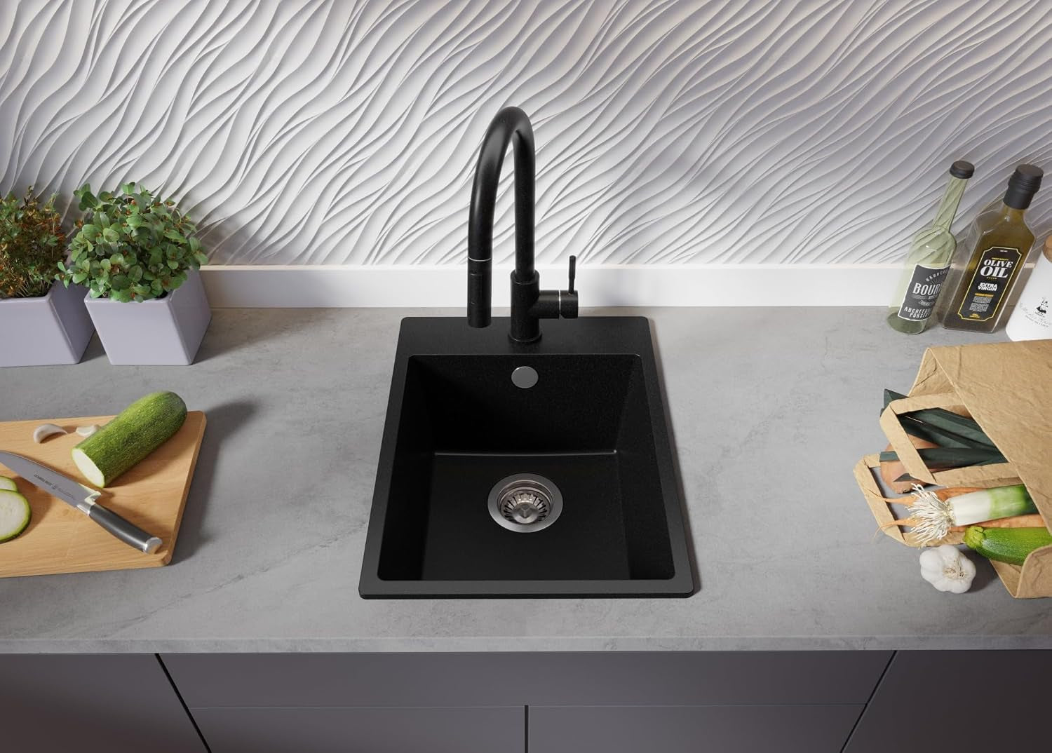 Evier Cuisine En Granit Noir - Riga, 38X50Cm | Lavabo 1 Bac + Kit De Vidage, Évier À Encastrer Au Meuble 40Cm (S035)