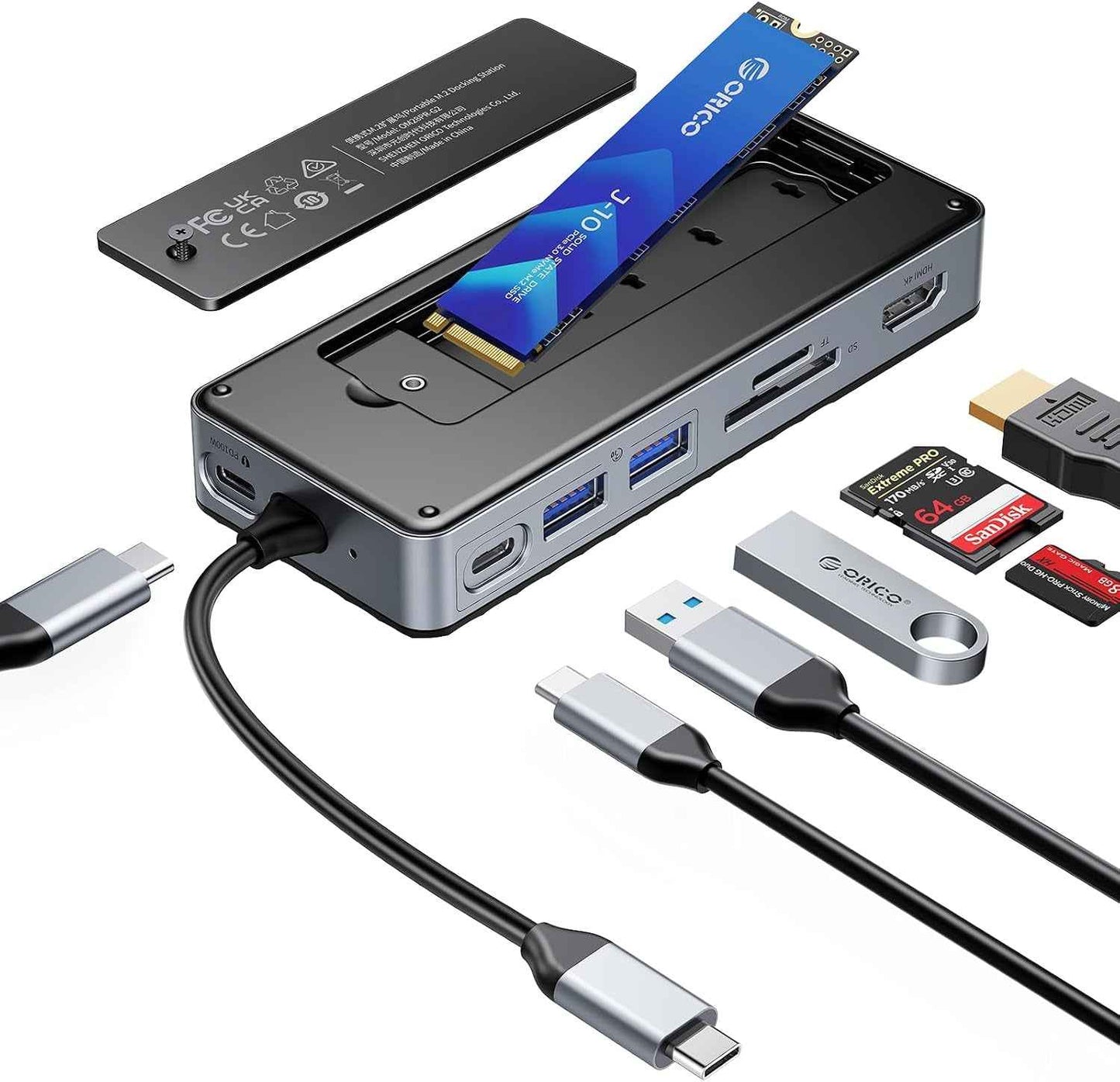 8-En-1 Station D'Accueil USB C Avec Boîtier SSD M.2, Hub USB C Avec SSD M.2 Nvme/Sata, Adaptateur Multiports USB 10Gbps, HDMI 4K@60Hz, 100W PD, SD/TF, Docking Station - OM28P