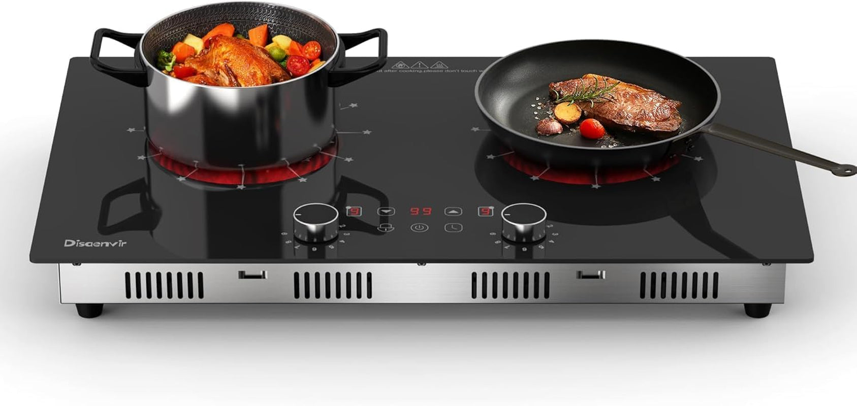 Plaque Vitrocéramique Portable 2 Feux Avec Prise | Plaque De Cuisson Electrique Deux Feux, Minuterie De 4 Heures, Commande Par Bouton, Sécurité Enfant, 3200W, 220V