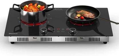 Plaque Vitrocéramique Portable 2 Feux Avec Prise | Plaque De Cuisson Electrique Deux Feux, Minuterie De 4 Heures, Commande Par Bouton, Sécurité Enfant, 3200W, 220V