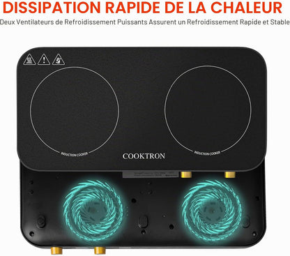 Double Plaque De Cuisson À Induction Avec Poêle En Fonte Amovible Antiadhésive 1800 W 2 Brûleurs Portable Avec Capteur Tactile 9 Niveaux De Puissance, Minuterie De 99 Min, Convient Pour