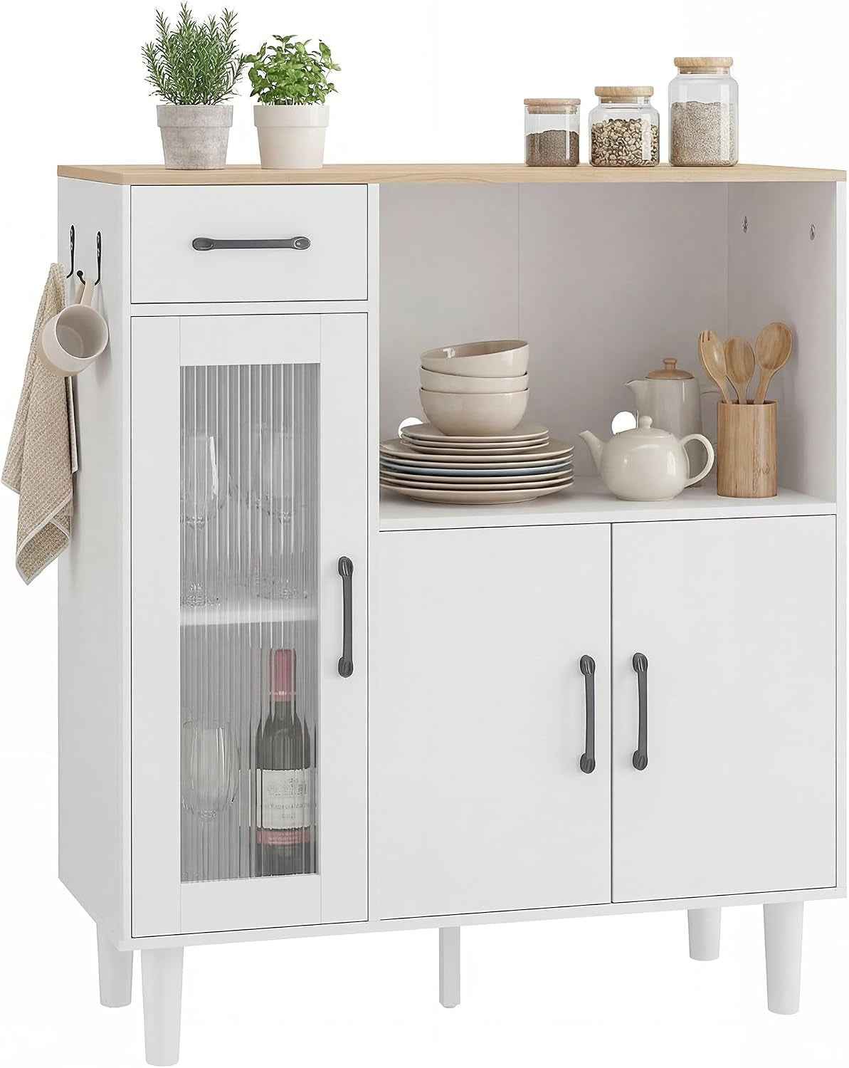 Buffet Cuisine 1 Tiroir 3 Portes 80 X 34 X 91 Cm Blanc Et Chêne | Meuble De Rangement, 1 Porte En Acrylique Cannelée, Étagère Ouverte, Style Moderne, Pour Salon Et Chambre