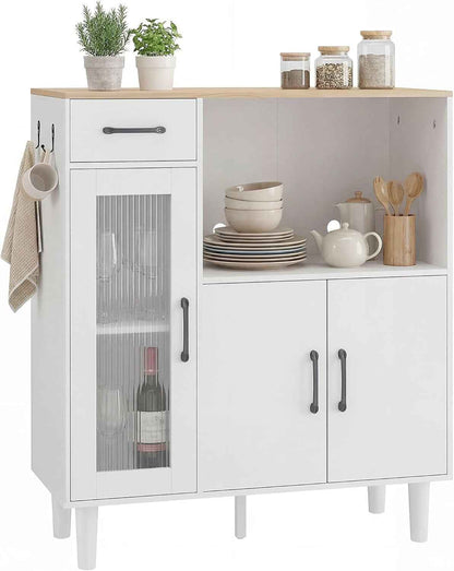 Buffet Cuisine 1 Tiroir 3 Portes 80 X 34 X 91 Cm Blanc Et Chêne | Meuble De Rangement, 1 Porte En Acrylique Cannelée, Étagère Ouverte, Style Moderne, Pour Salon Et Chambre