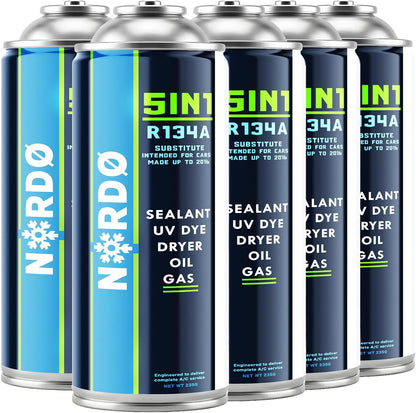 Nordo 5-En-1 – 5X Réfrigérant R134A 235 G Chaque Boîte Pour Climatisation Auto Avec Huile, Stop-Fuite, Traceur UV Et Déshydratant – Protège Le Compresseur