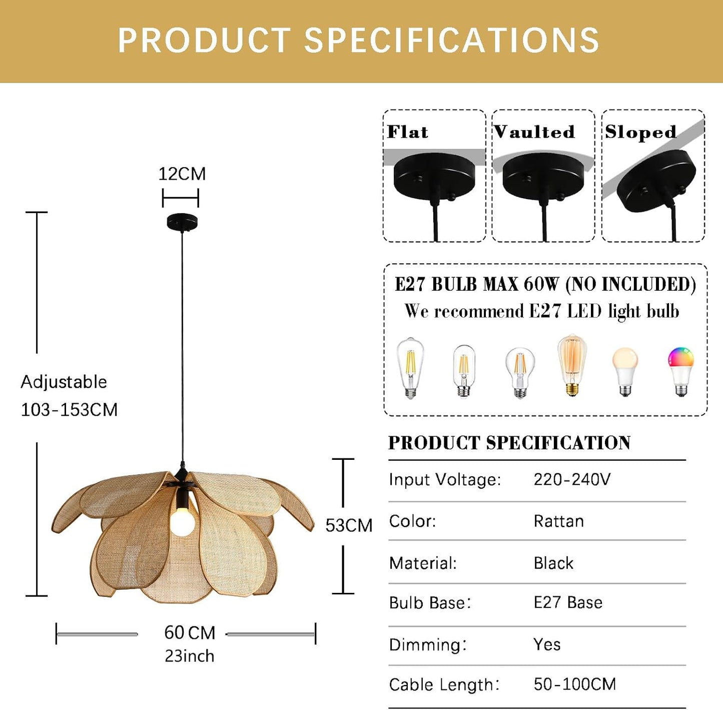 Suspension Rotin Vintage,Fleur Créative Lustre Rotin, Luminaire En Bambou Tressé Max 60W, Pour Salon Chambre Cuisine Couloir (60CM)