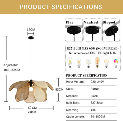 Suspension Rotin Vintage,Fleur Créative Lustre Rotin, Luminaire En Bambou Tressé Max 60W, Pour Salon Chambre Cuisine Couloir (60CM)