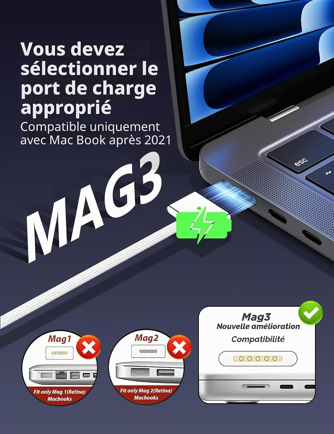 96W Chargeur Magnétique, Mac Book Chargeur Rapide Avec USB-C Auf T-Tip 6.6FT Câbles Adaptateur Mag3 Compatible Avec Macbook Pro 14/16 Pouces Macbook Air 13/15 Pouces, Replacement (Mid 2021-2025)