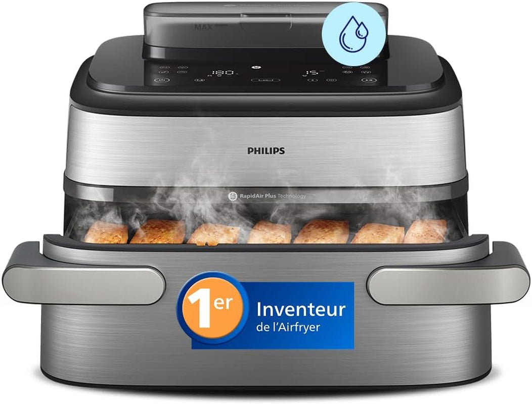 Airfryer 5000 - Air Fryer Panier Flexible 9.5L, Cuisson Vapeur | Megabasket 9.5L Ou 3+6L, Séparateur Amovible, 28 Modes,Technologie Rapidair & Steamfry, Auto Steamclean, Inox (NA565/00)