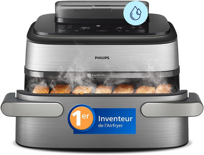 Airfryer 5000 - Air Fryer Panier Flexible 9.5L, Cuisson Vapeur | Megabasket 9.5L Ou 3+6L, Séparateur Amovible, 28 Modes,Technologie Rapidair & Steamfry, Auto Steamclean, Inox (NA565/00)