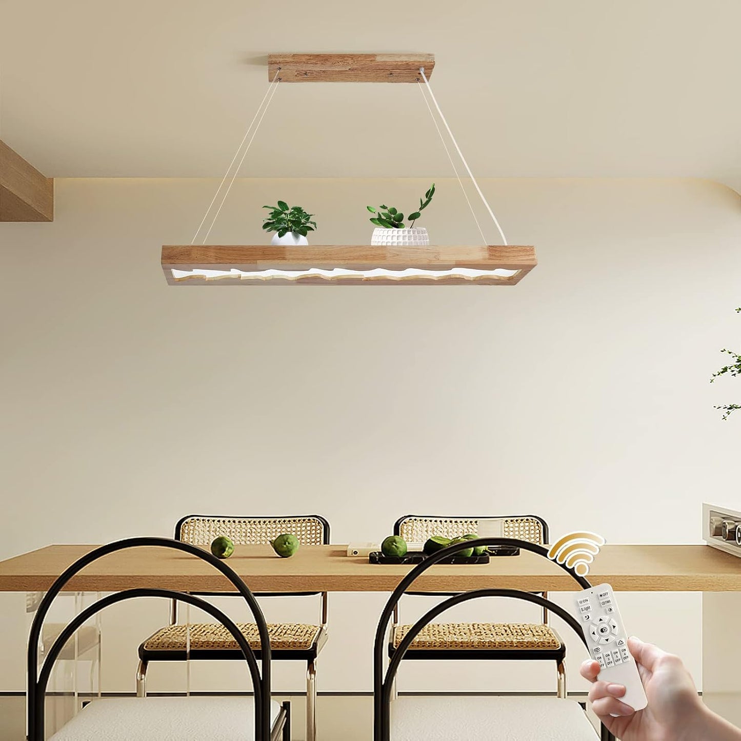 Suspension En Bois À Led, Lampe À Suspension Rustique En Bois À Intensité Variable Pour Table À Manger, Hauteur Réglable, 40W, 100 CM