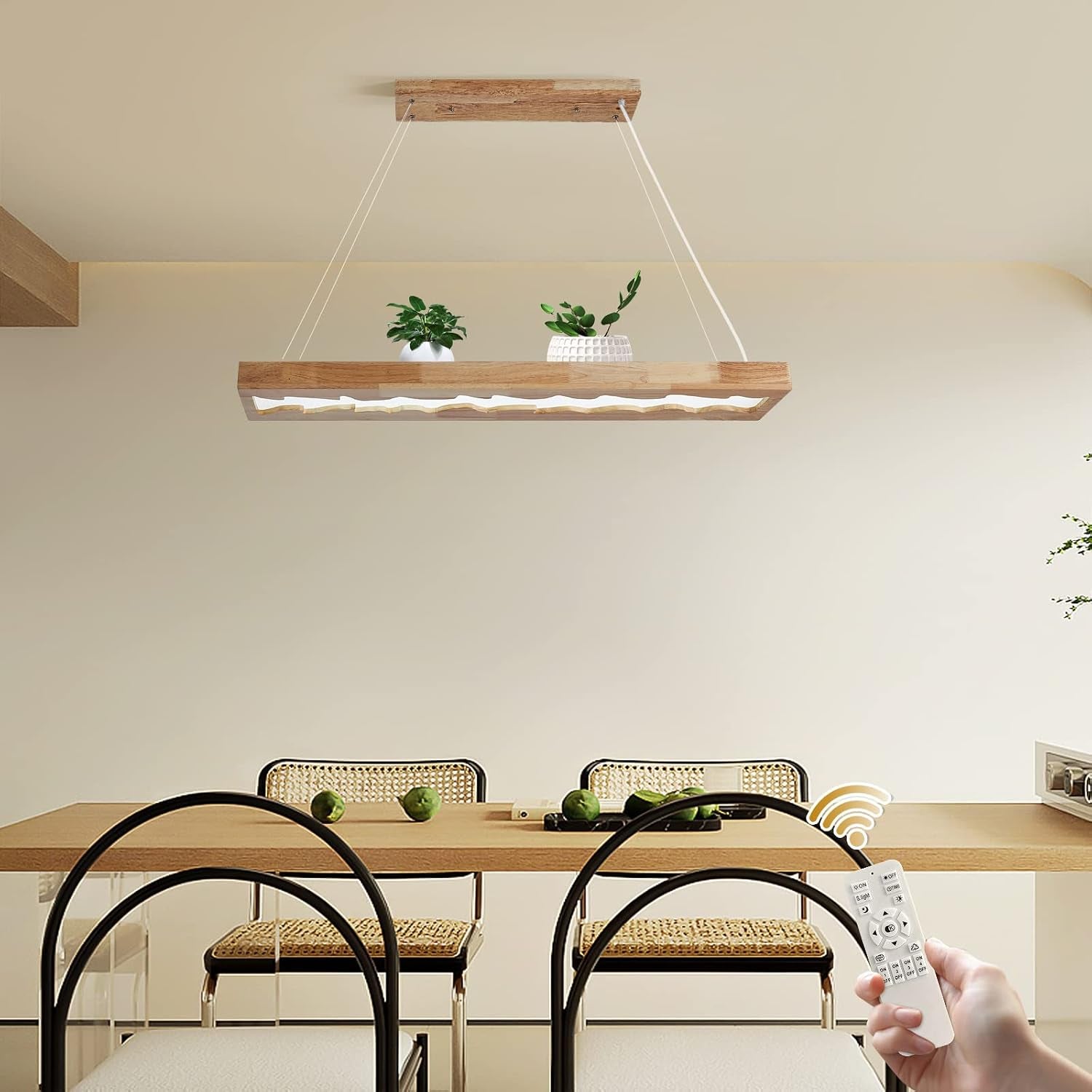 Suspension En Bois À Led, Lampe À Suspension Rustique En Bois À Intensité Variable Pour Table À Manger, Hauteur Réglable, 40W, 100 CM