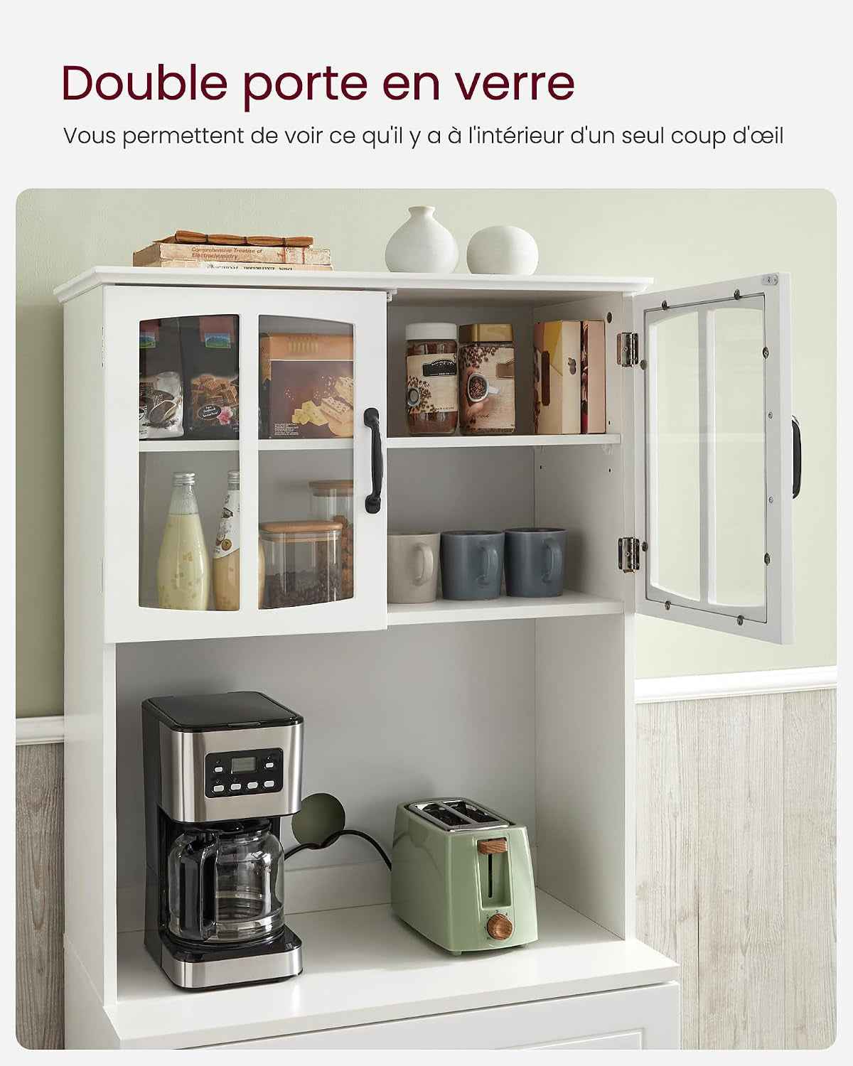 Buffet Haut Cuisine, Meuble De Rangement, Garde-Manger, Vaisselier, Avec Portes En Verre Et Étagères Réglables, Trou De Passage Des Câbles, Pour Micro-Ondes, Style Moderne, Blanc LSC361W21 | Armoire Multi-Usages Avec Étagères Réglables, Trou De Câble, Sty
