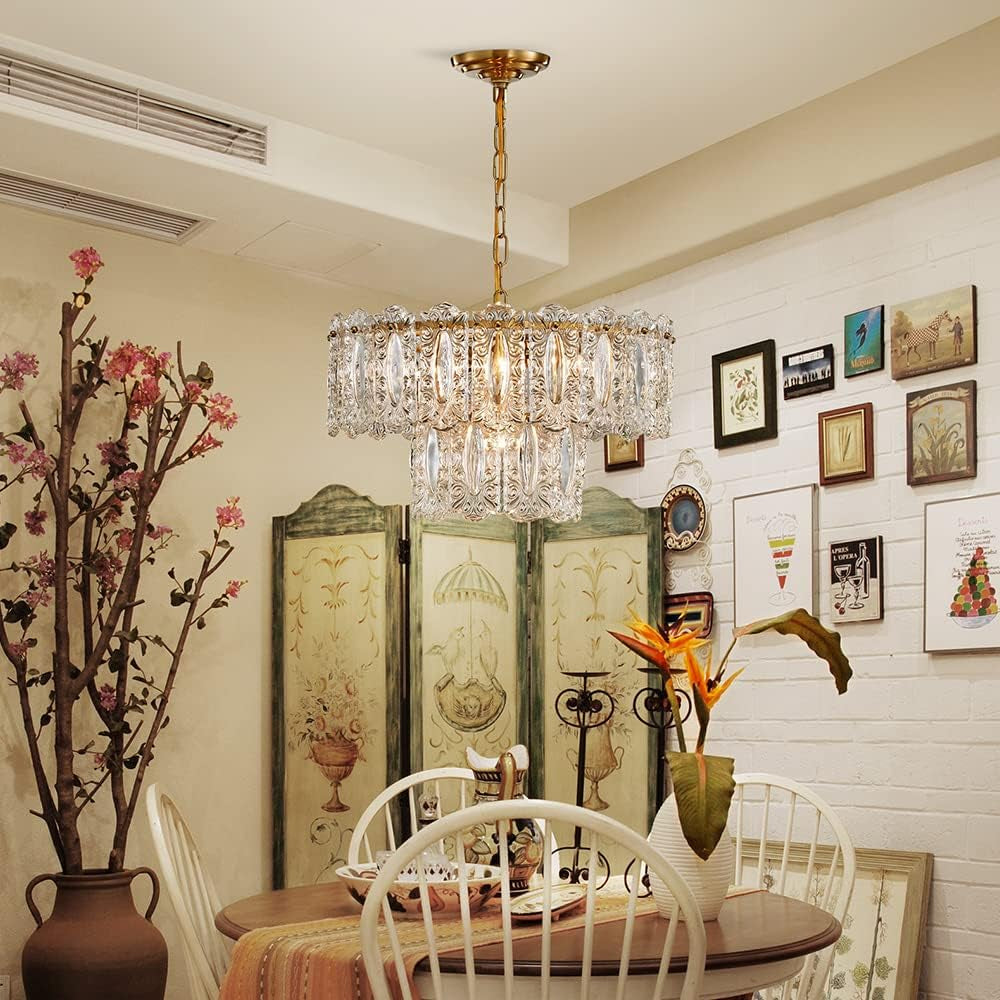 Saint Mossi Lustre En Cristal, Lustre Pendentif Vintage Avec 4 Ampoules, D46Cm X H25Cm, Abat-Jour En Verre À 2 Niveaux Et Finition Laiton