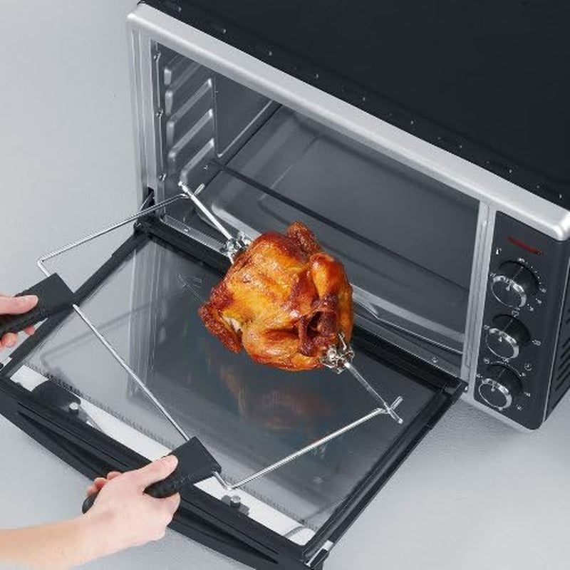 Mini-Four À Chaleur Tournante 42 L Avec Pierre À Pizza Et Tournebroche, Four Posable 1 800 W Design Élégant, Électrique Avec Minuteur 120 Min, Noir/Inox, to 2058