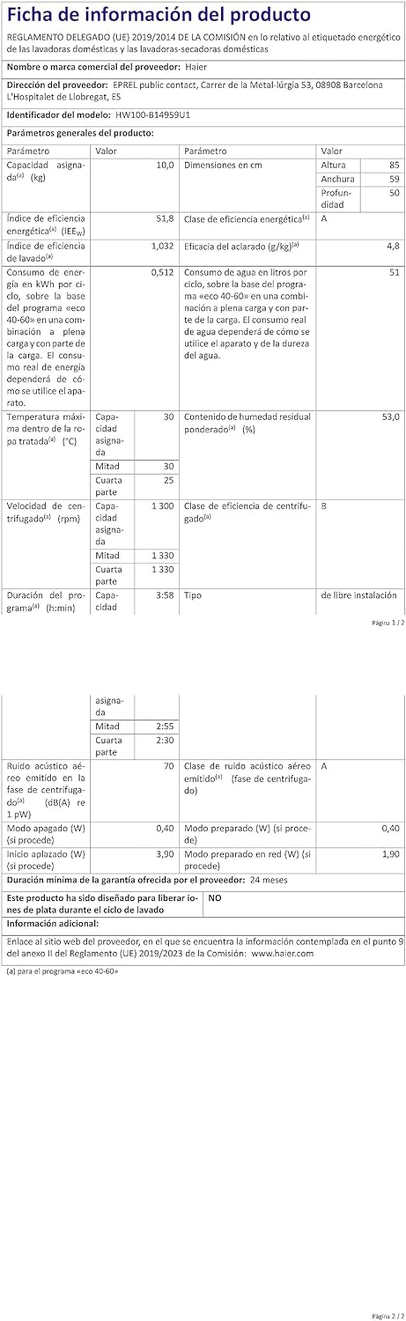 HW100-B14959 Série I-Pro 5, Lave-Linge Wi-Fi 10 Kg À Chargement Frontal, 1400 Tours, Technologie Micro Vapeur Refresh, Traitement Antibactérien, Sans Installation, 60 X 50 X 85 Cm, Classe A