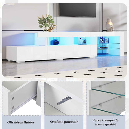 Meuble TV LED 180 Cm, Meuble Tele Avec Rangement, Meuble TV LED Haute Brillance, Pour TV Jusqu'À 75 Pouces, Blanc, 180 X 35 X 45 Cm