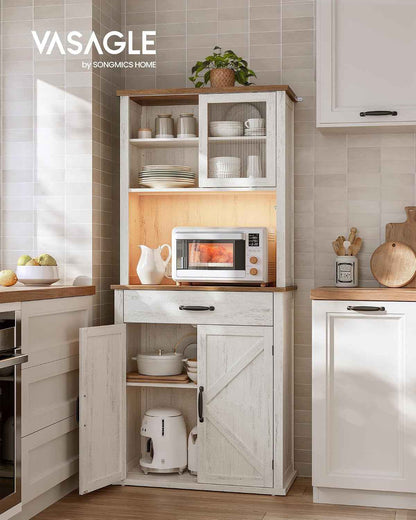 Meuble De Rangement Avec Lumières Et Chargeur, Placard De Cuisine, Avec Portes Et Tiroirs, 39,5 X 80,4 X 180,6 Cm, Étagères Réglables, Style Campagne, Blanc Rustique Et Marron Miel BBK363W22V1