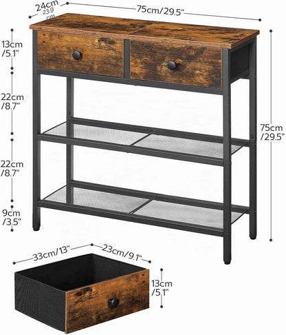 Console Meuble, 75 Cm Table Console, D'Entrée Avec 2 Tiroirs En Tissu, Table D’Appoint, Bout De Canapé, Pour Entrée, Salon, Style Industriel, Marron Rustique Et Noir EBF72XG01