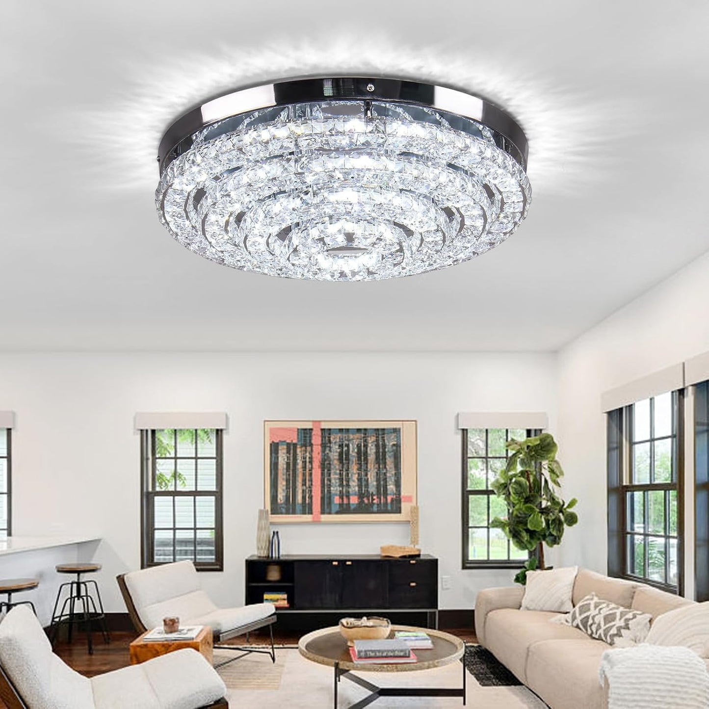 Lustre En Cristal Plafonnier Encastré Moderne Grand Lustre LED Entrée Chambre Salon Salle À Manger (Blanc Froid 6000K)