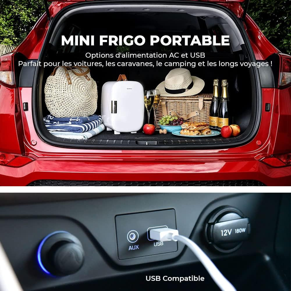 Subcold Pro4 Mini Frigo De Luxe | 4 Litres/6 Canettes | AC Et USB | Petit Réfrigérateur Portable Pour Le Bureau, La Chambre, La Voiture, Les Voyages, Les Soins De La Peau Et Les Cosmétiques (Blanc)