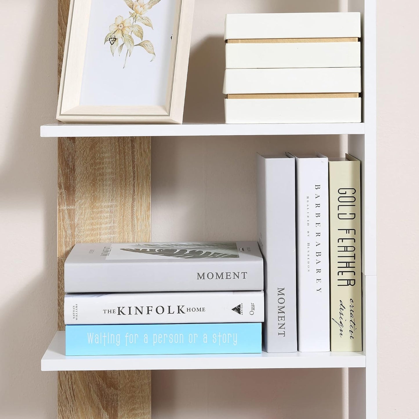 Bibliothèque Étagère De Rangement 45 X 21 X 170 Cm Blanc Et Chêne | 5 Compartiments Ouverts, Design Simple Moderne, Idéale Pour Salon Chambre Bureau