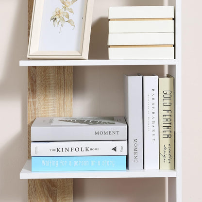 Bibliothèque Étagère De Rangement 45 X 21 X 170 Cm Blanc Et Chêne | 5 Compartiments Ouverts, Design Simple Moderne, Idéale Pour Salon Chambre Bureau