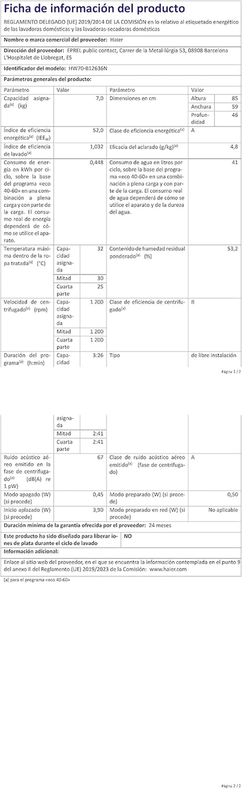 HW70-B12636N Série 636 Machine À Laver Slim 7 Kg, Charge Avant, 1200 Tours, Option Vapeur, 59 X 46 X 85 Cm, Blanc, Classe A
