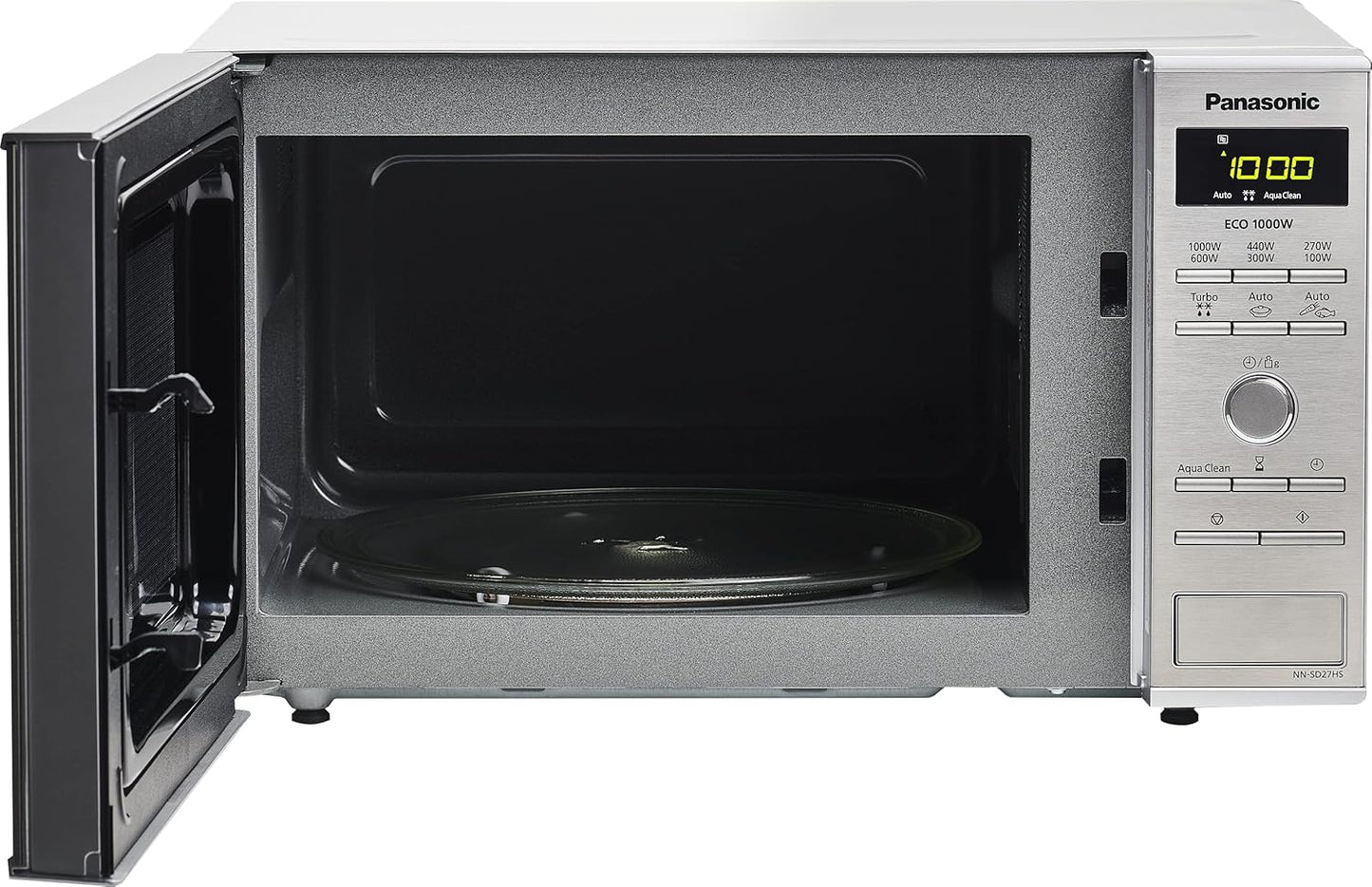 NN-SD27HSUPG Four Micro-Ondes Technologie Inverter Plateau Tournant En Verre, 23L, 1000W, 10 Prog Auto, Décongélation Chaos, 6 Puissances, Minuterie, Affichage LED, Acier Inoxydable Argent