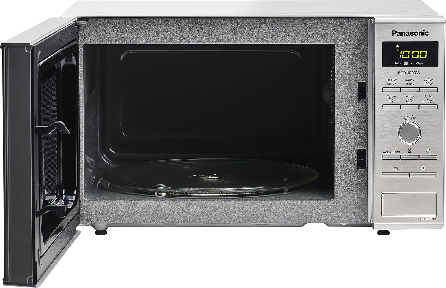 NN-SD27HSUPG Four Micro-Ondes Technologie Inverter Plateau Tournant En Verre, 23L, 1000W, 10 Prog Auto, Décongélation Chaos, 6 Puissances, Minuterie, Affichage LED, Acier Inoxydable Argent