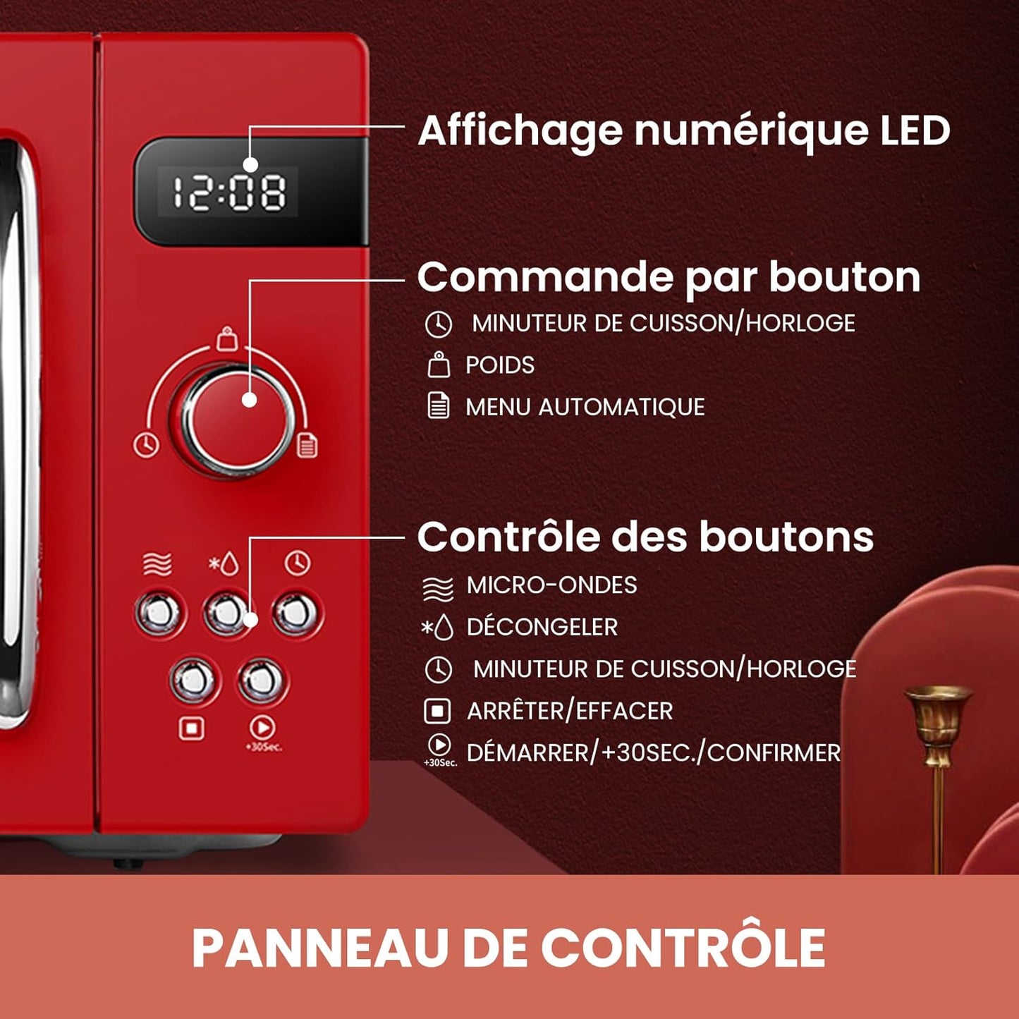 ' Micro-Ondes Rétro CMSRO 20Di Rd Avec 8 Renus Rutomatiques, 5 Niveaux De Puissance De Cuisson, Bouton De Cuisson Express, 20 L, 800 W, Rouge Passion
