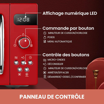 ' Micro-Ondes Rétro CMSRO 20Di Rd Avec 8 Renus Rutomatiques, 5 Niveaux De Puissance De Cuisson, Bouton De Cuisson Express, 20 L, 800 W, Rouge Passion