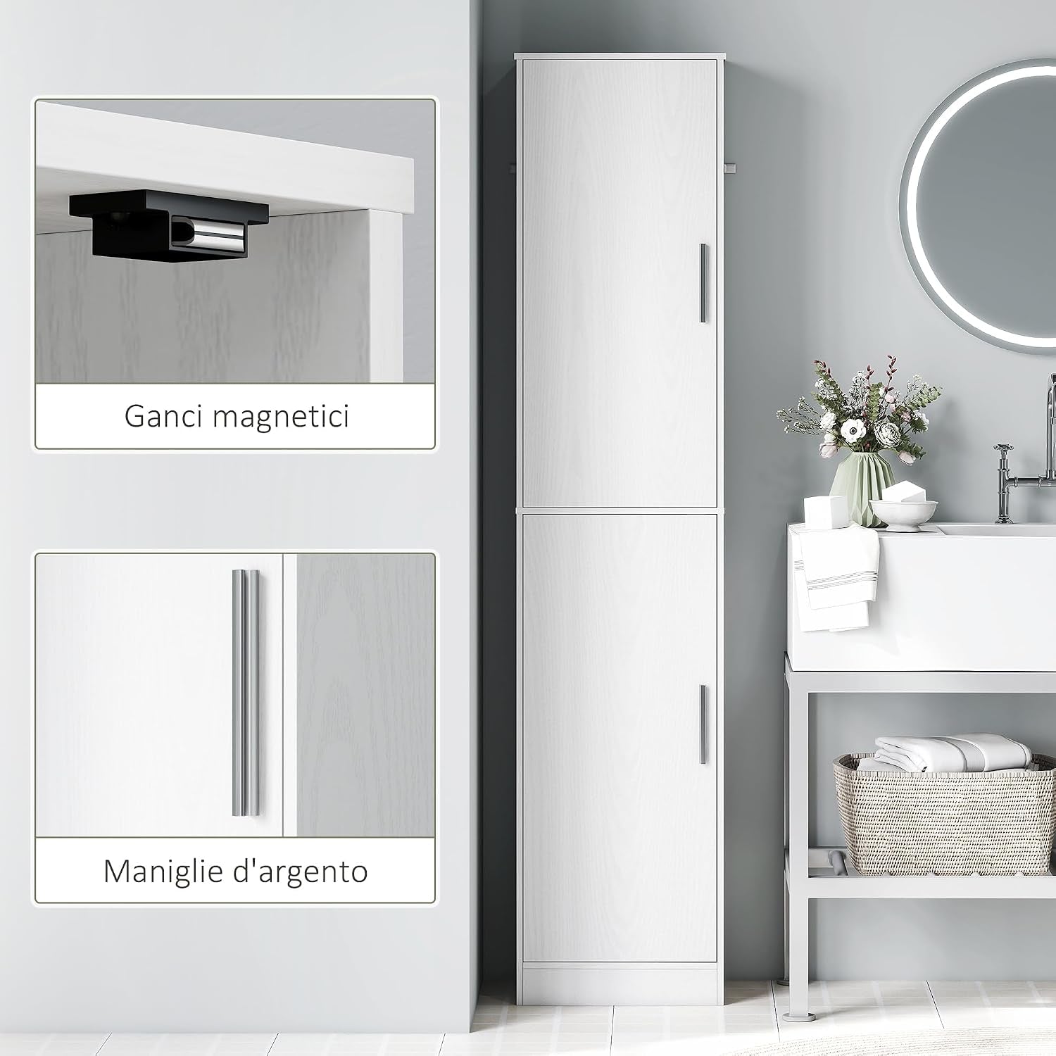 Meuble De Salle De Bain Colonne Étroit 40 X 35 X 180 Cm Blanc | 2 Portes, 4 Étagères Réglables, Meuble De Rangement, Pour Salon, Toilette, Petits Espaces