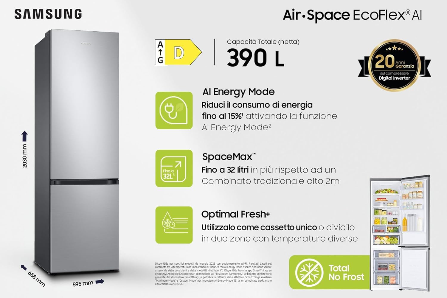 R�FRIG�RATEUR COMBIN� RB38C603DSA 390L H203CM D CONNECTE NO FROST ECRAN INTERNE METAL GREY
